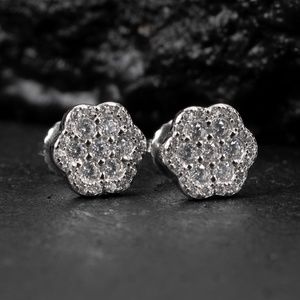 Mens White Gold Iced Cluster Flower Sterling Silver Stud Screw Back Earrings